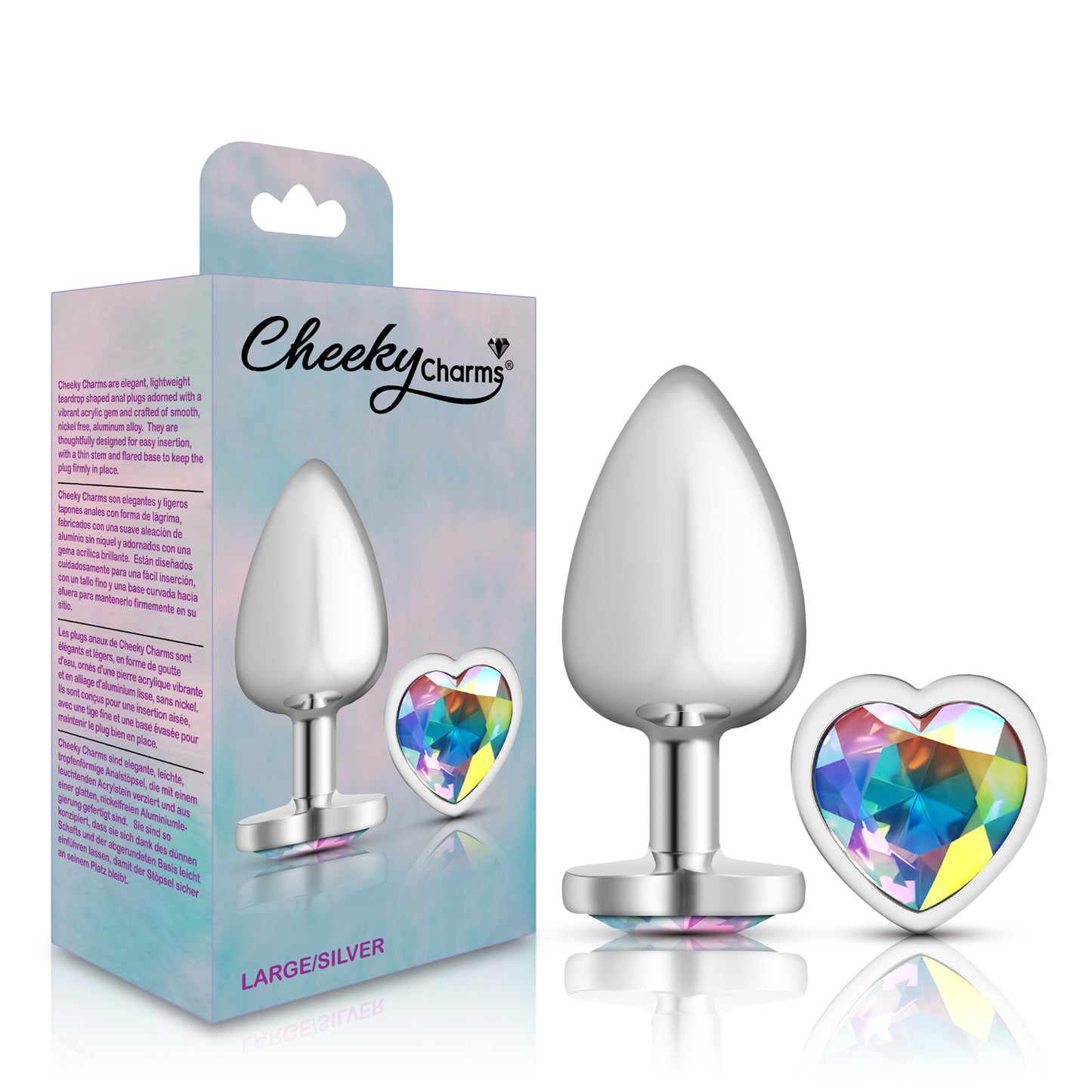 Cheeky Charms-Silver Metal Butt Plug- Heart-Clear-Large