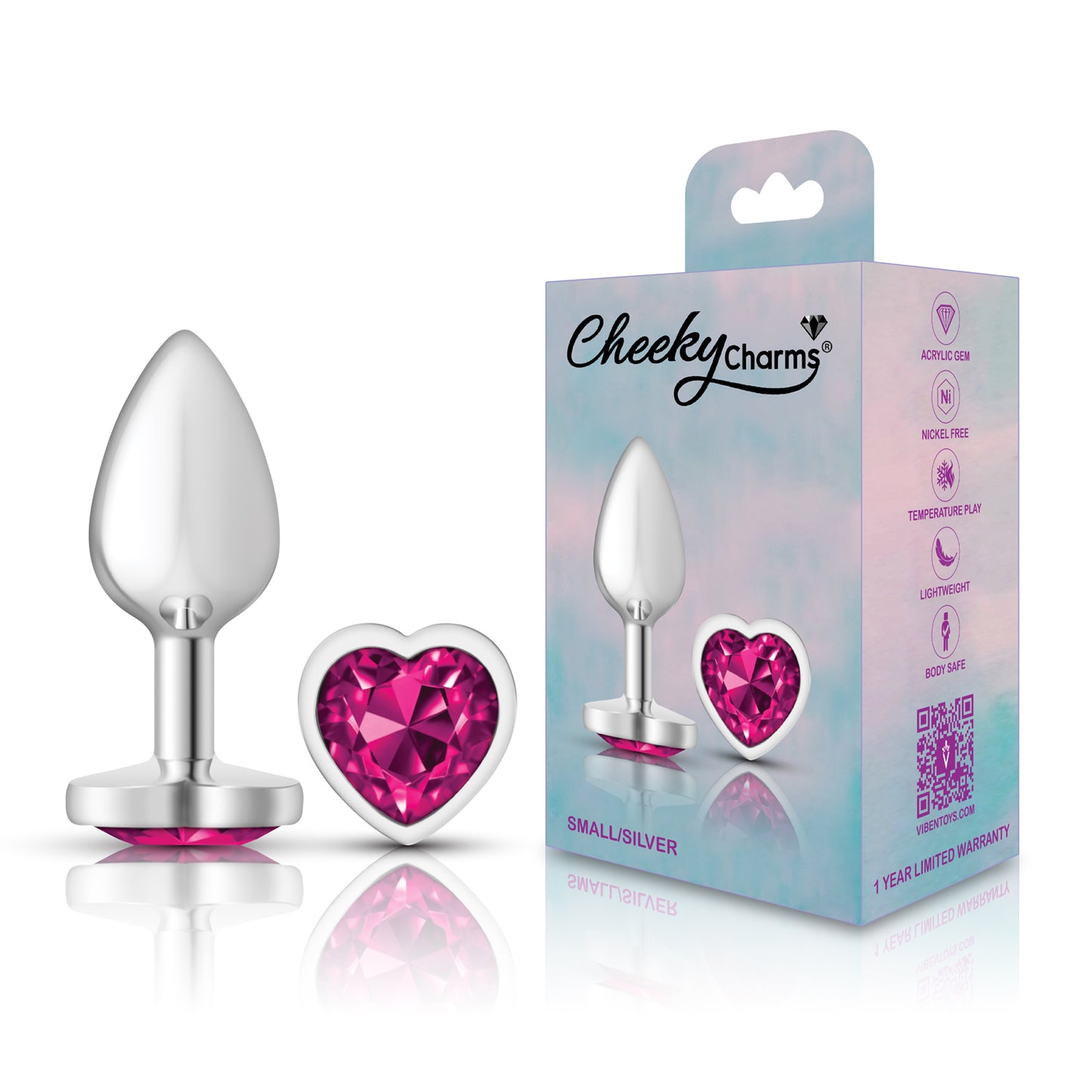 Cheeky Charms-Silver Metal Butt Plug- Heart-Bright Pink-Small