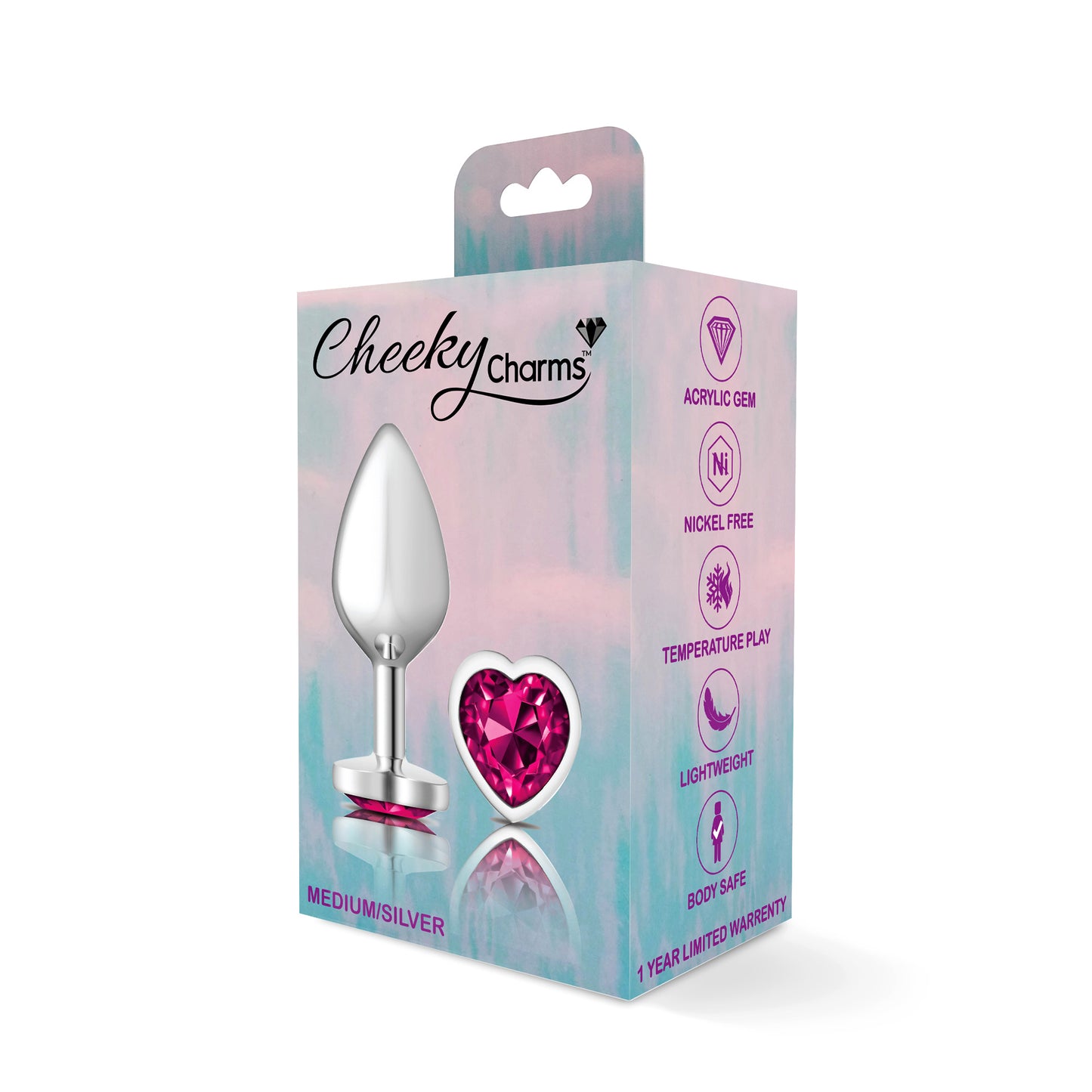 Cheeky Charms-Silver Metal Butt Plug- Heart-Bright Pink-Medium