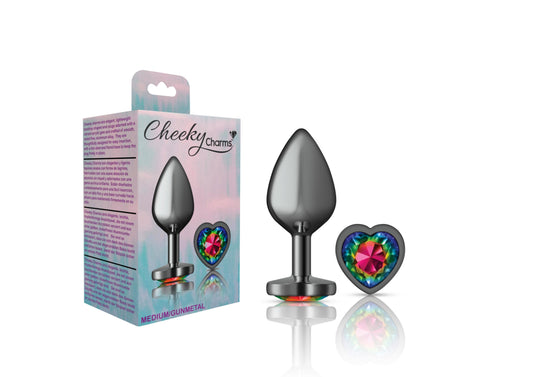 Cheeky Charms-Gunmetal Metal Buttplug- Heart-Rainbow-Medium