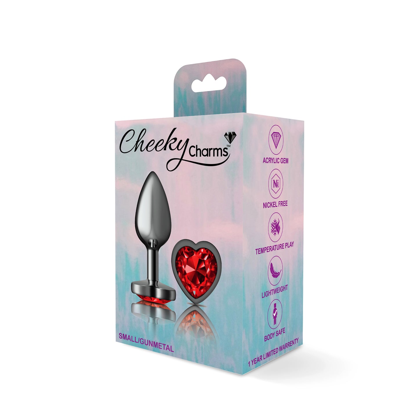 Cheeky Charms-Gunmetal Metal Butt Plug- Heart-Dark Red-Small