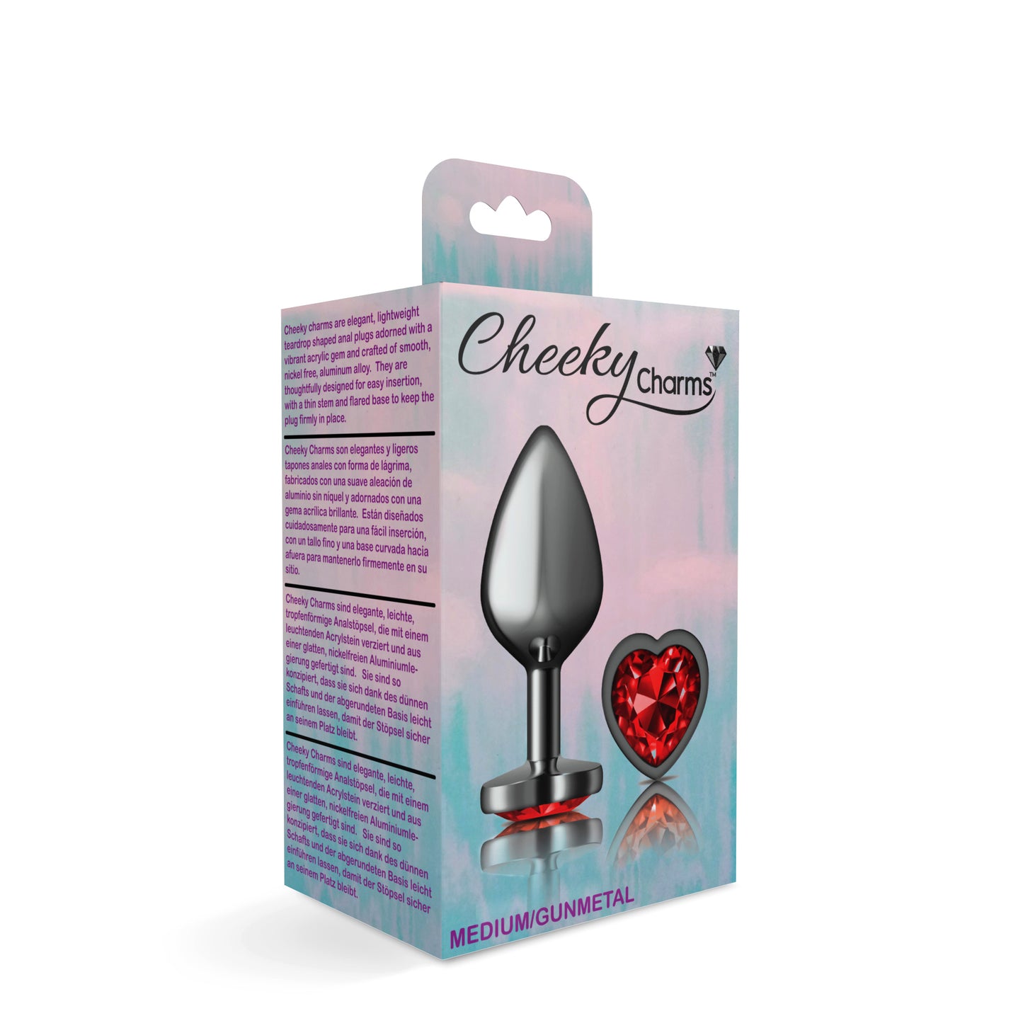 Cheeky Charms-Gunmetal Metal Butt Plug- Heart-Dark Red-Medium