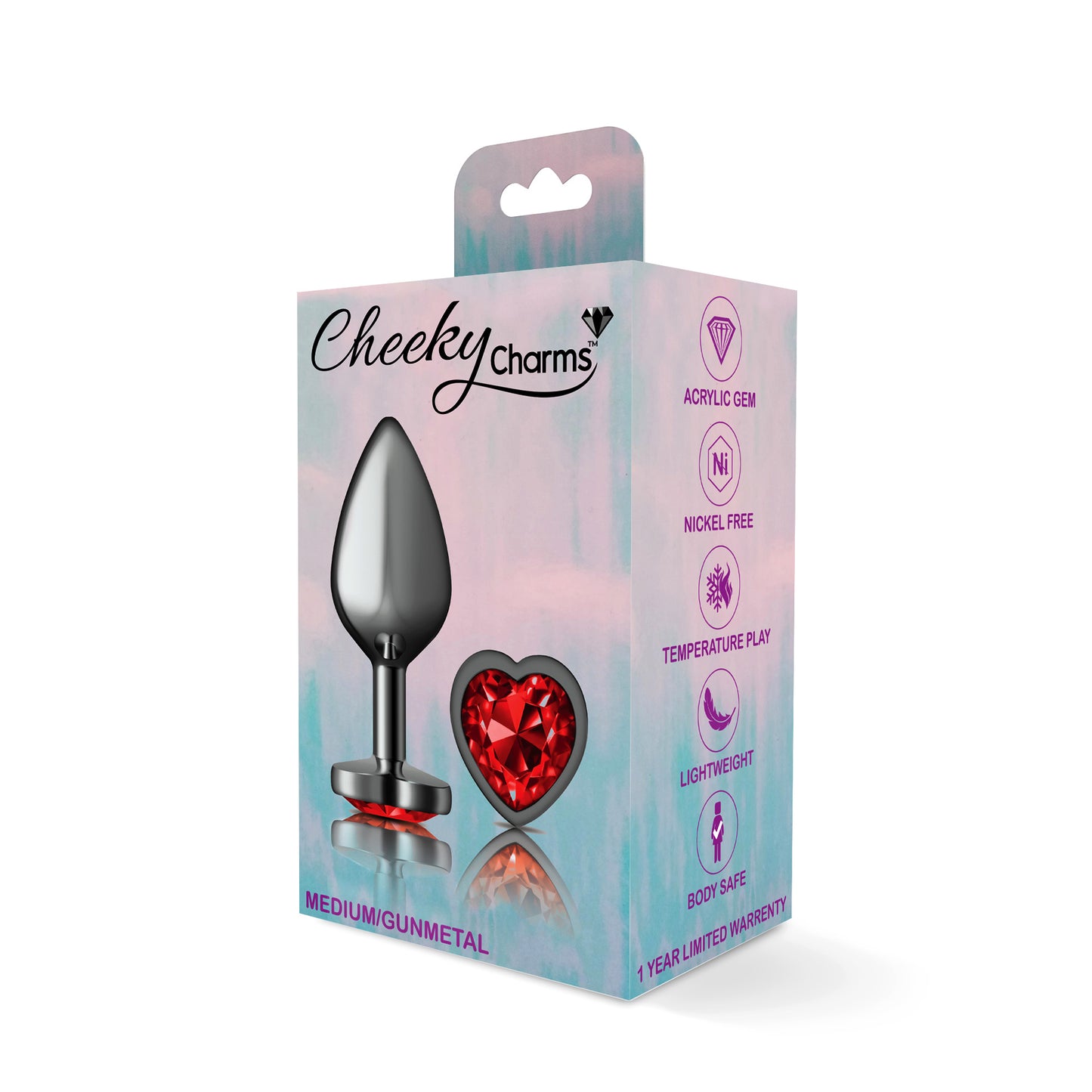 Cheeky Charms-Gunmetal Metal Butt Plug- Heart-Dark Red-Medium