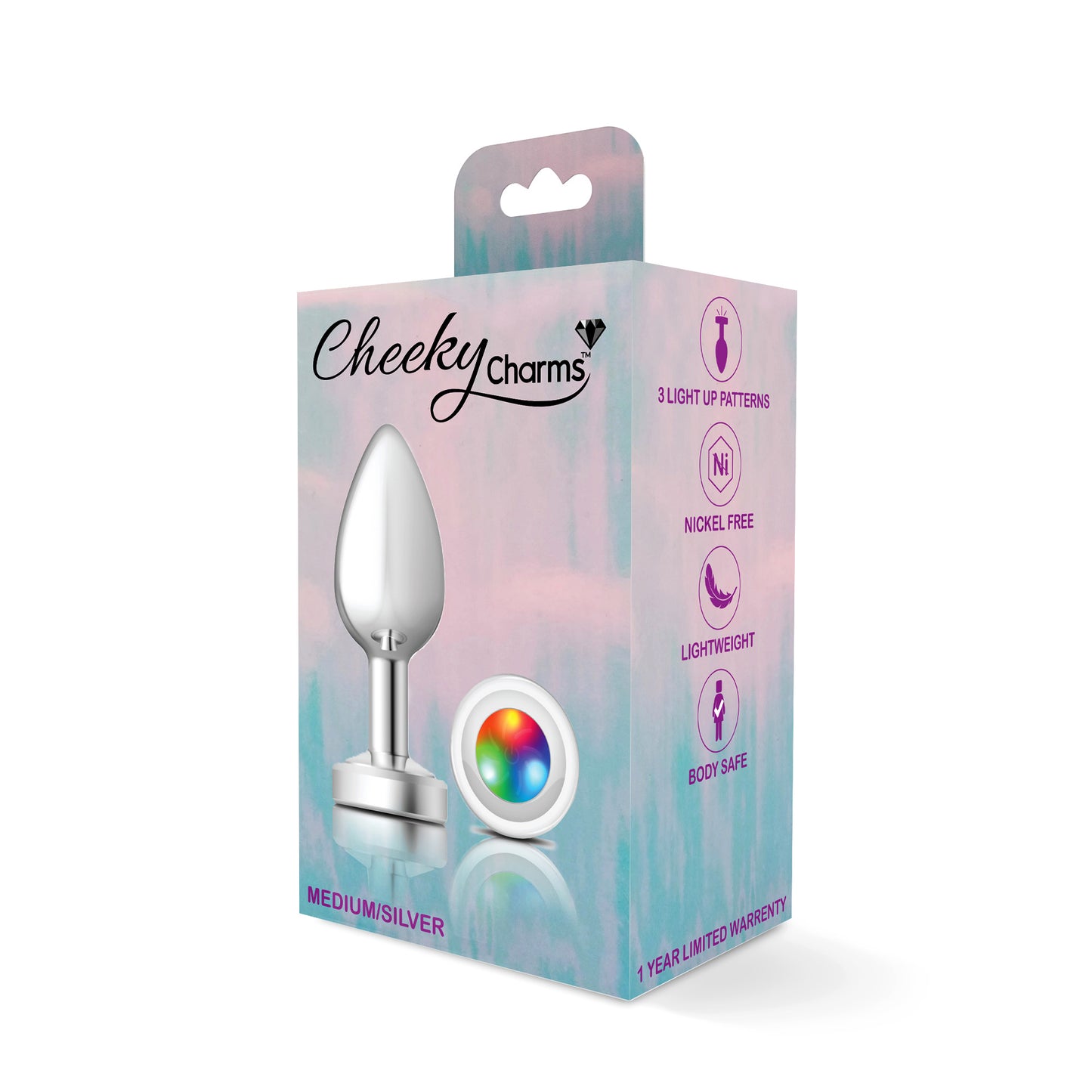 Cheeky Charms-Silver Metal Butt Plug- Light Up-Medium