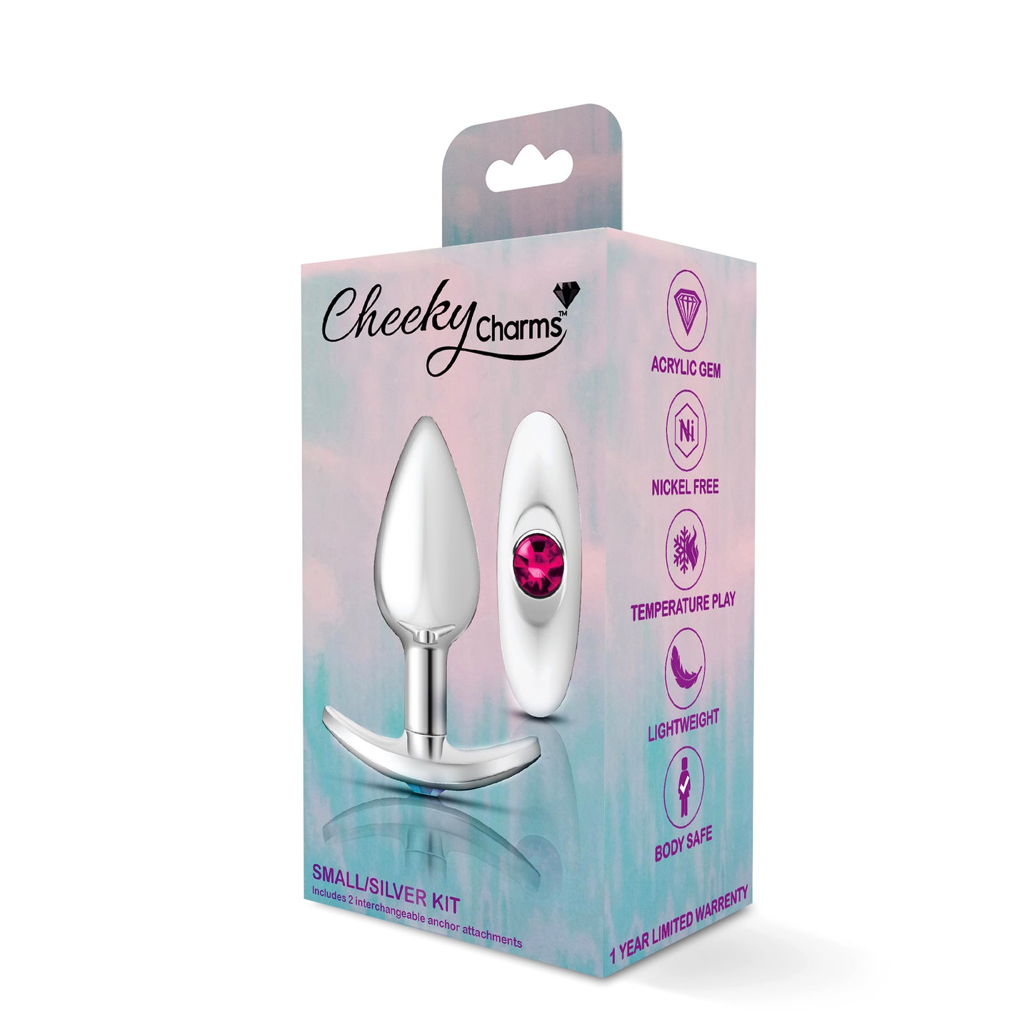 Cheeky Charms-Silver Metal Butt Plug Kit -Clear/bright Pink