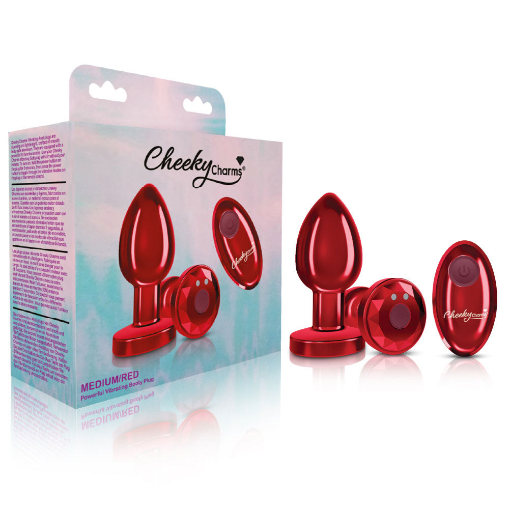 Cheeky Charms - Rechargeable Vibrating Metal Butt Plug With Remote Control - Red - Medium