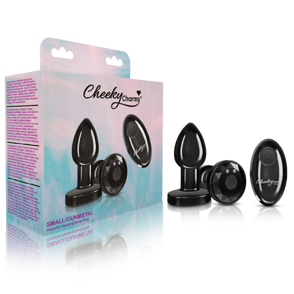 Cheeky Charms - Rechargeable Vibrating Metal Butt Plug With Remote Control - Gunmetal - Small