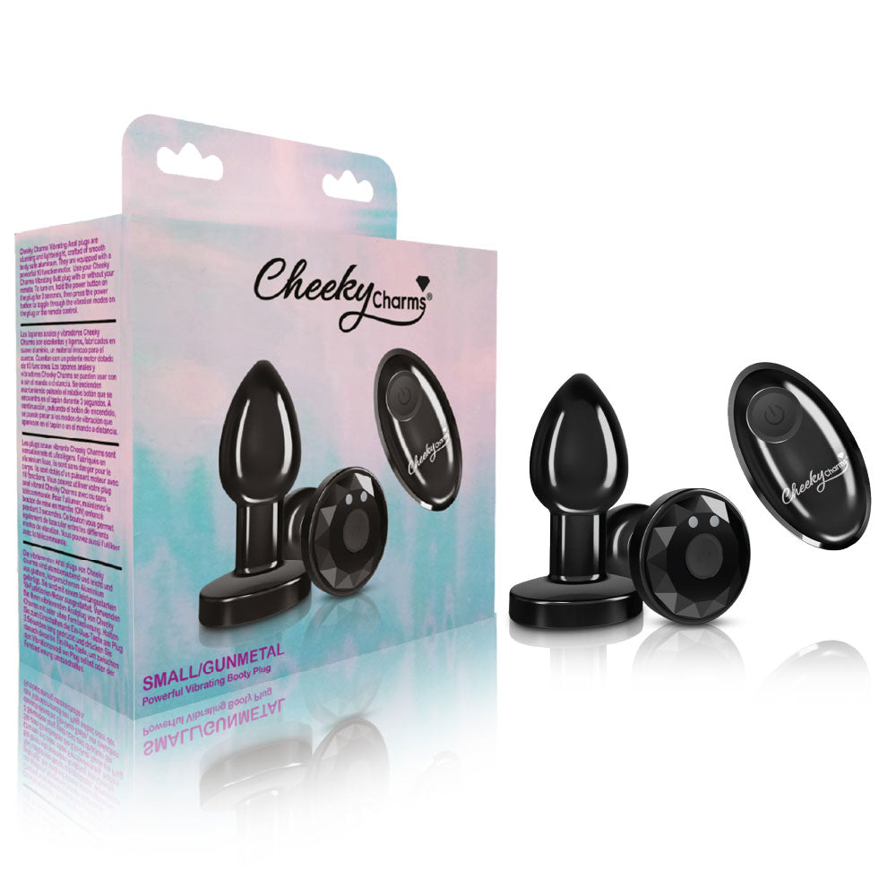 Cheeky Charms - Rechargeable Vibrating Metal Butt Plug With Remote Control - Gunmetal - Small