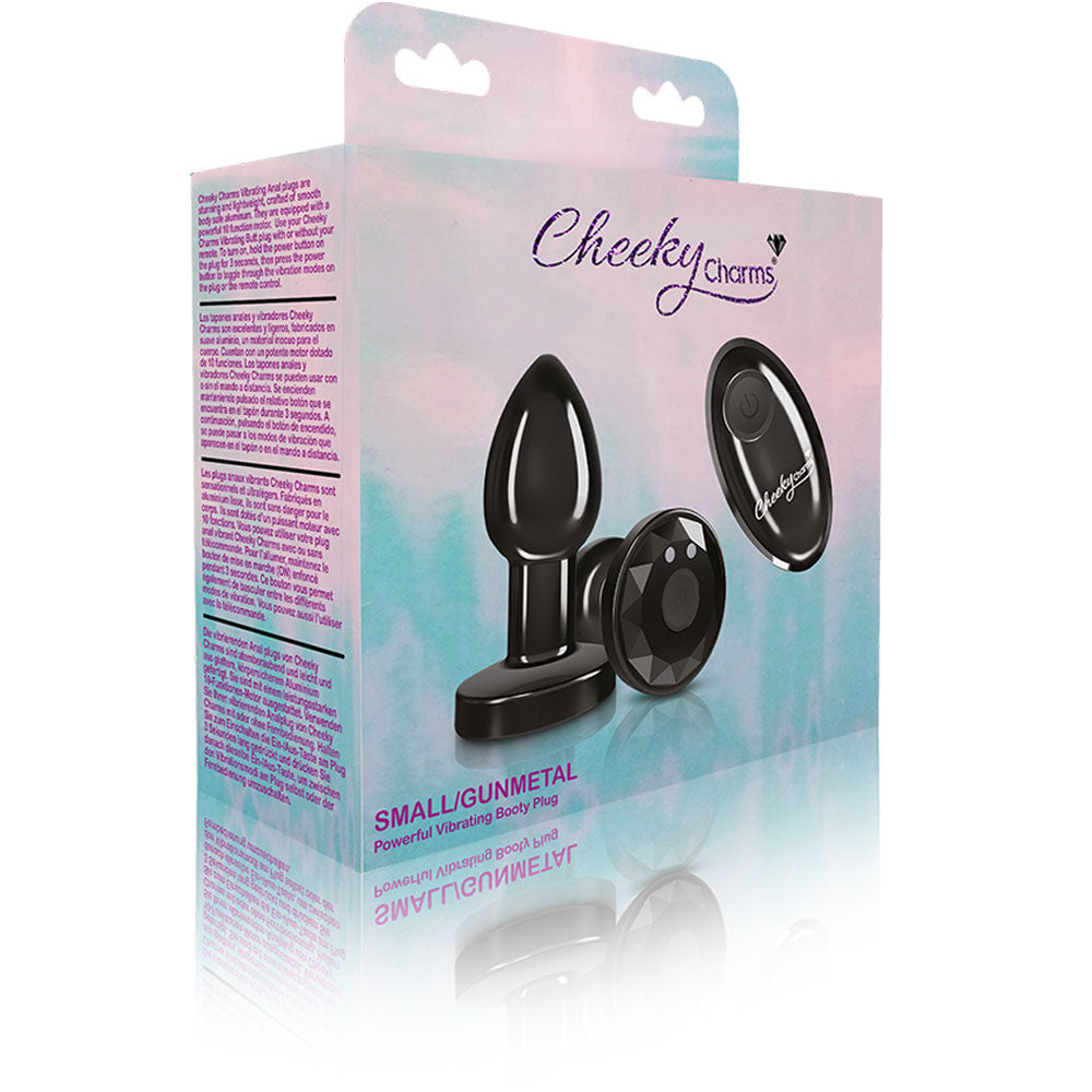 Cheeky Charms - Rechargeable Vibrating Metal Butt Plug With Remote Control - Gunmetal - Small