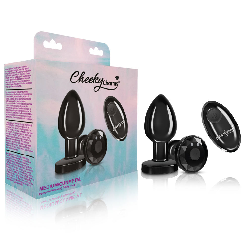 Cheeky Charms - Rechargeable Vibrating Metal Butt Plug With Remote Control - Gunmetal - Medium