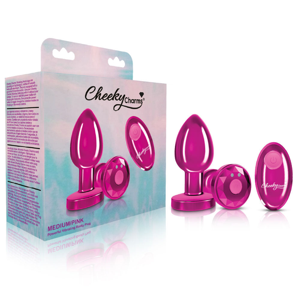 Cheeky Charms - Rechargeable Vibrating Metal Butt Plug With Remote Control - Pink - Medium