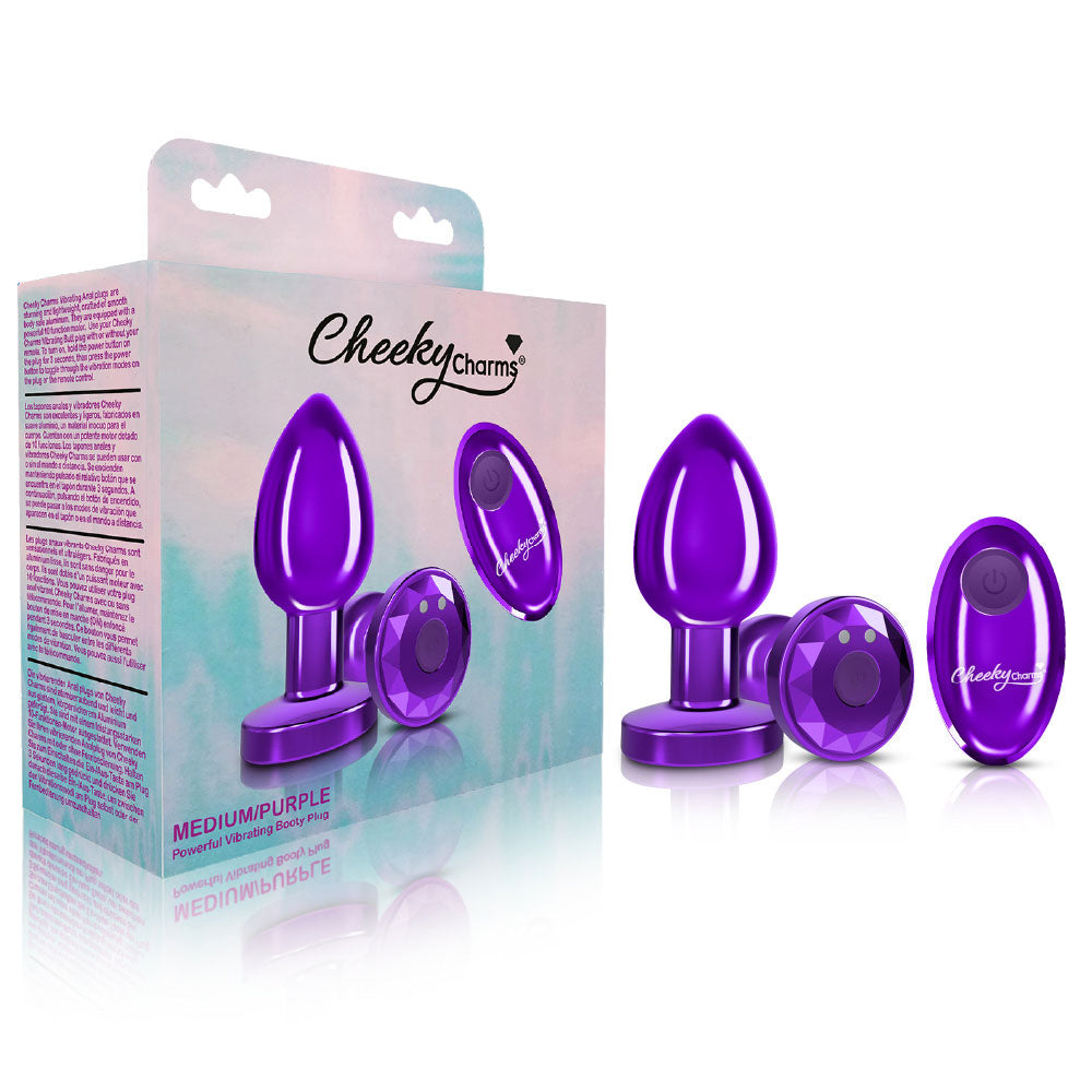 Cheeky Charms - Rechargeable Vibrating Metal Butt Plug With Remote Control - Purple - Medium