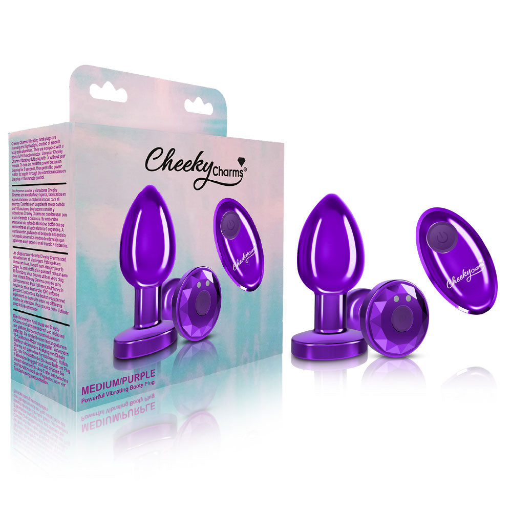 Cheeky Charms - Rechargeable Vibrating Metal Butt Plug With Remote Control - Purple - Medium