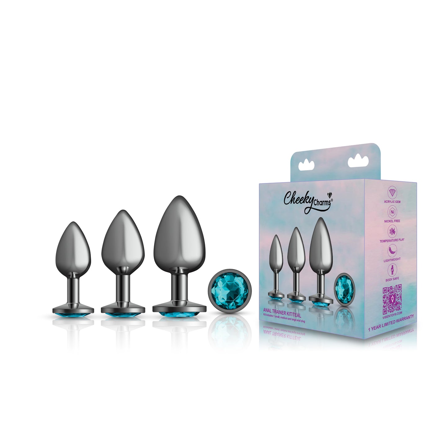 Cheeky Charms - Metal Butt Plug Gunmetal - Round - Teal - Anal Trainer Kit