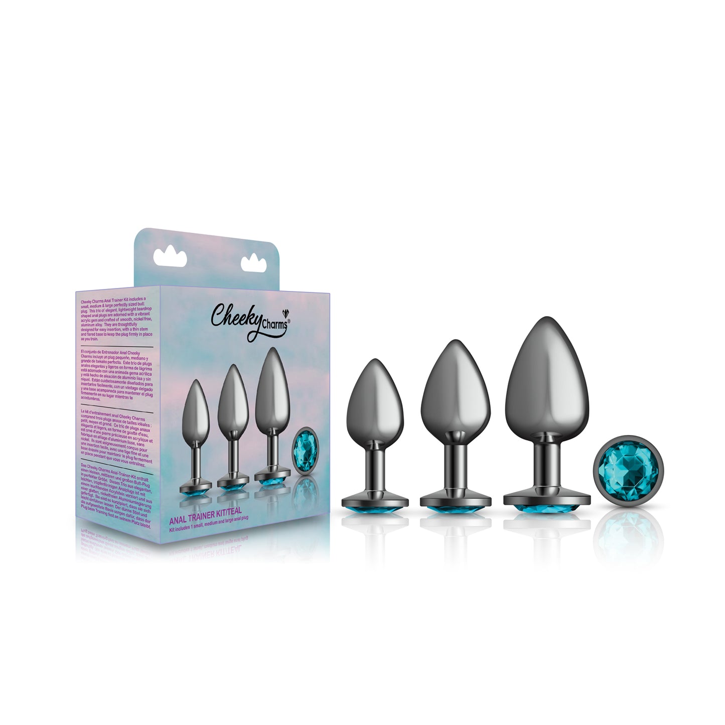 Cheeky Charms - Metal Butt Plug Gunmetal - Round - Teal - Anal Trainer Kit