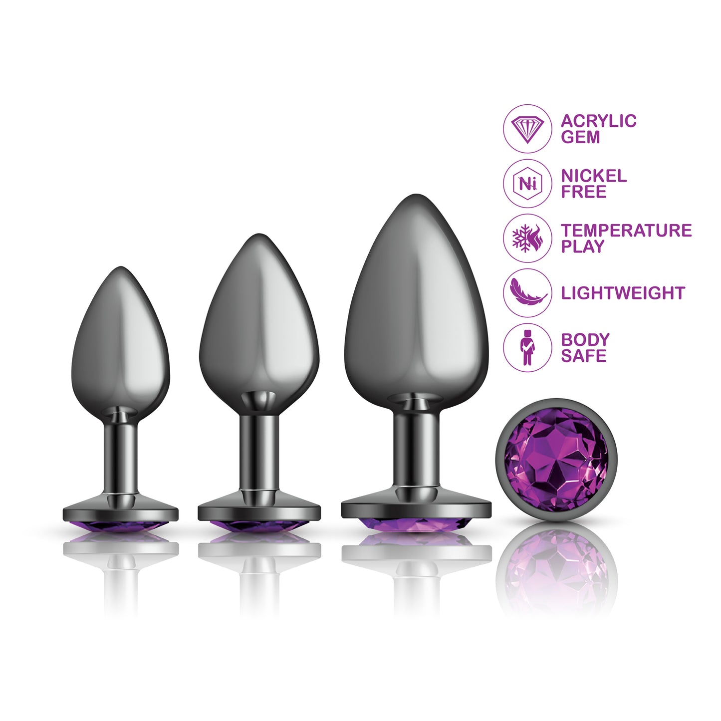 Cheeky Charms - Metal Butt Plug Gunmetal - Round - Deep Purple - Anal Trainer Kit