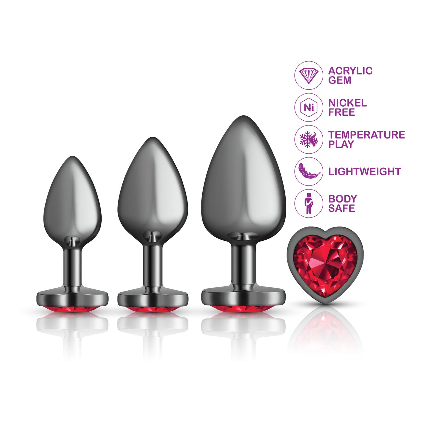 Cheeky Charms - Metal Butt Plug Gunmetal - Heart Dark Red - Anal Trainer Kit