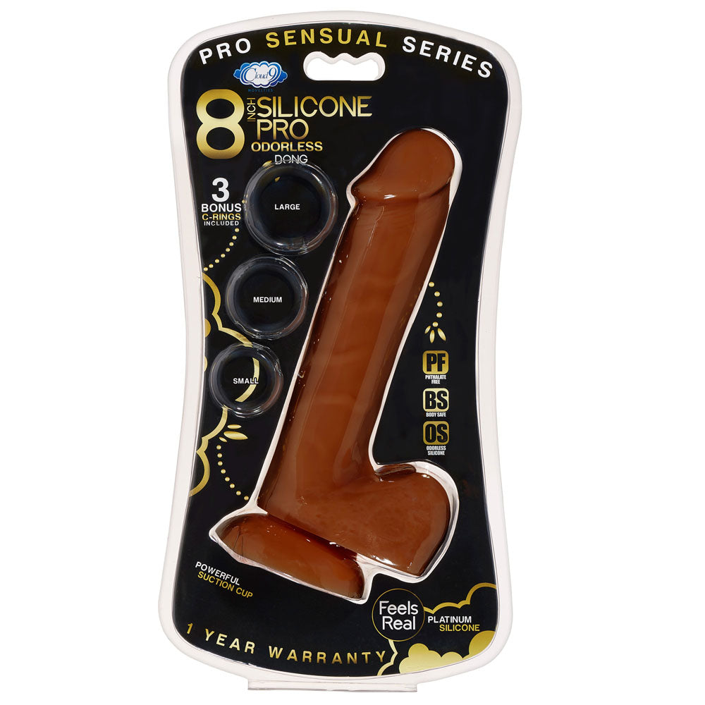 Pro Sensual Premium Silicone 8 Inch Dong With 3 Cockrings - Brown