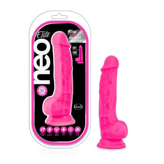 Neo Elite 7.5in Silicone Dual Density Cock W/ Balls Neon Pink