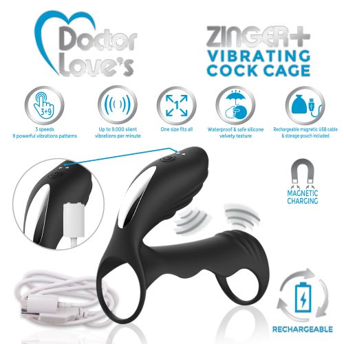 Doctor Love Zinger+ Vibrating Rechargeable Cock Cage W/ Remote Black