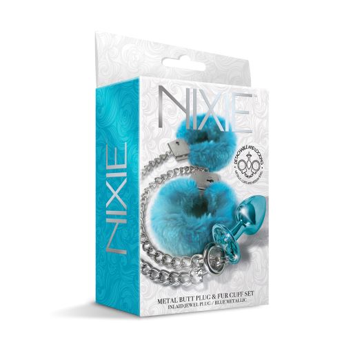 Nixie Metal Plug & Furry Cuff Set Blue Metallic