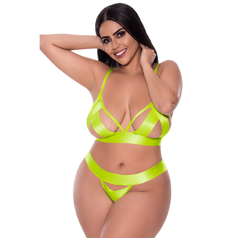 Strap Tease Bra & Crotchless Panty Neon Yellow 2xl