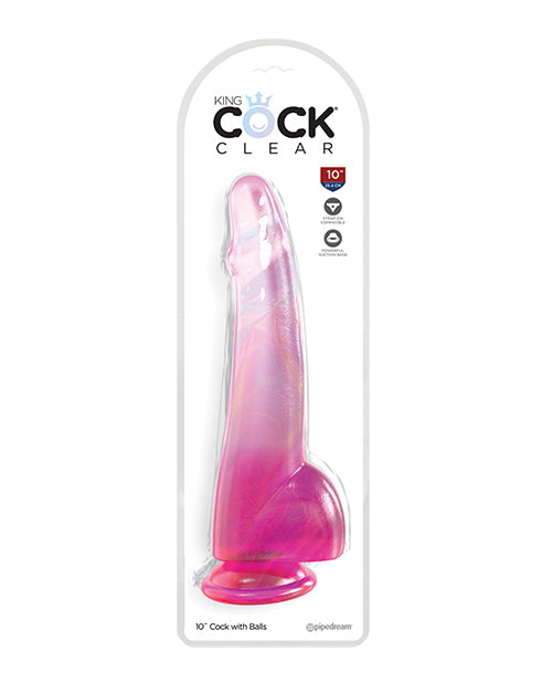 King Cock Clear 10in W/ Balls Pink