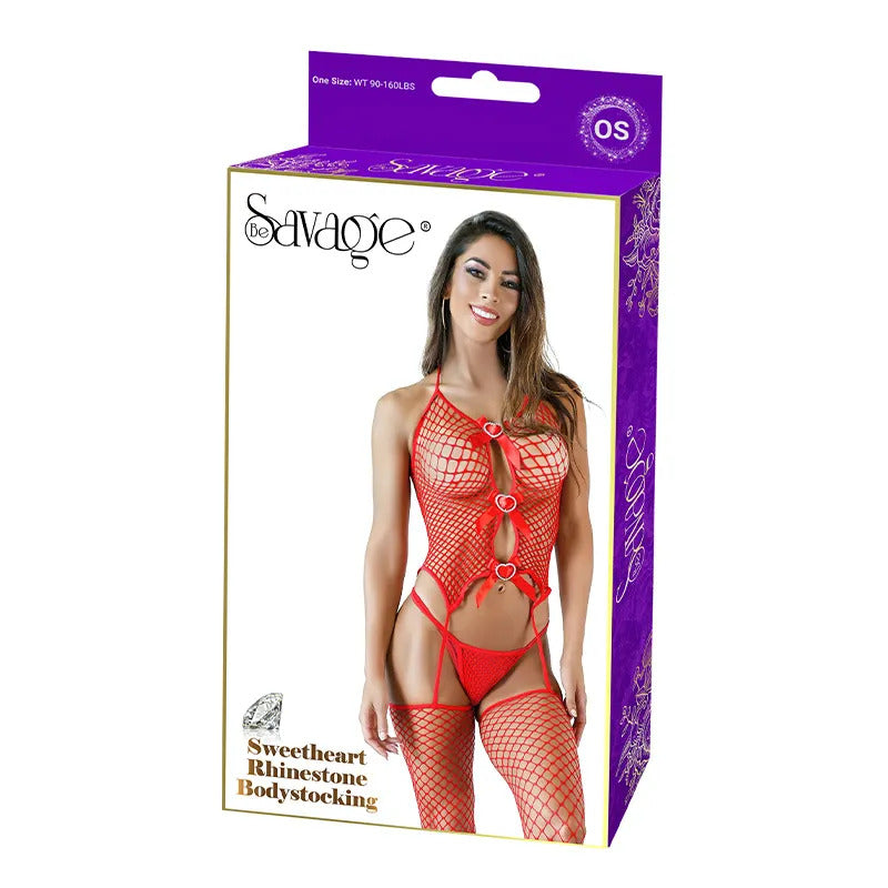 Sweetheart Rhinestone Bodystocking - Red