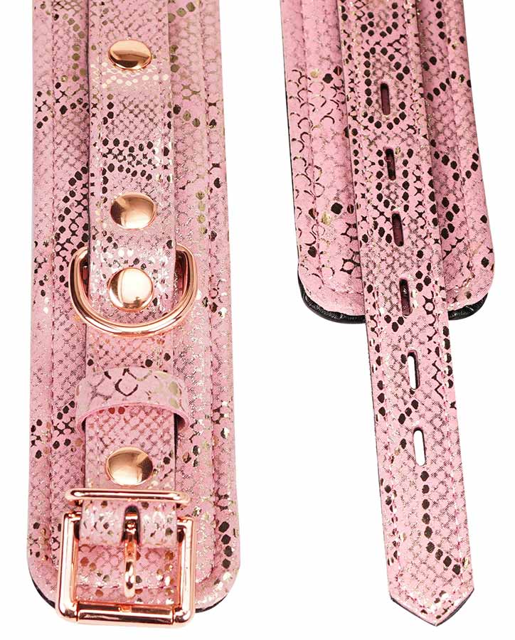 Microfiber Snake Print Wrist Restraints Pink W Leather Lining