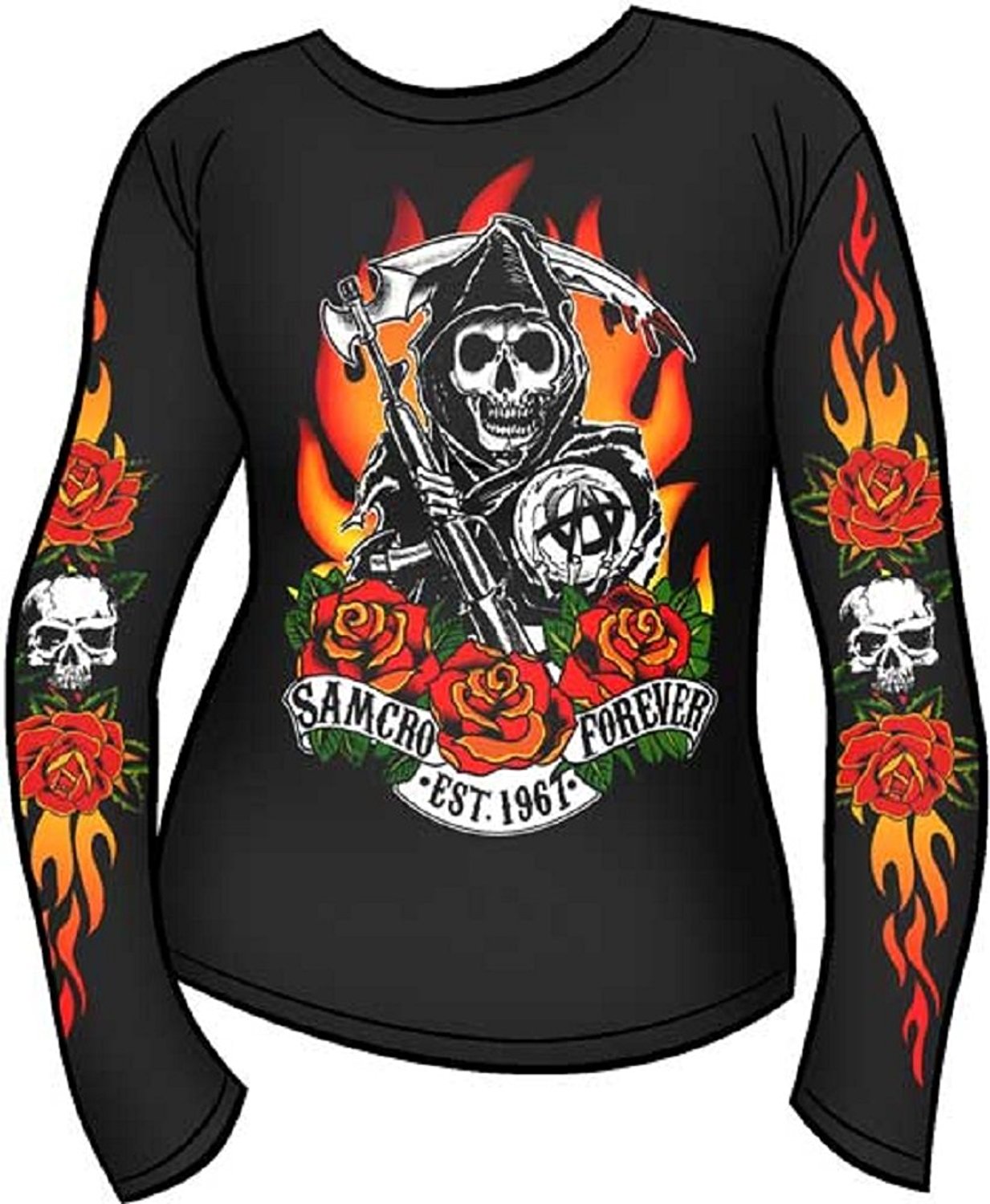 Sons Of Anarchy Fire Roses Reaper Junior Long Sleeve Shirt - Shorty's Gifts