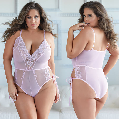 Allure Lace and Mesh Tie Up Romper-Pink 1X/2X