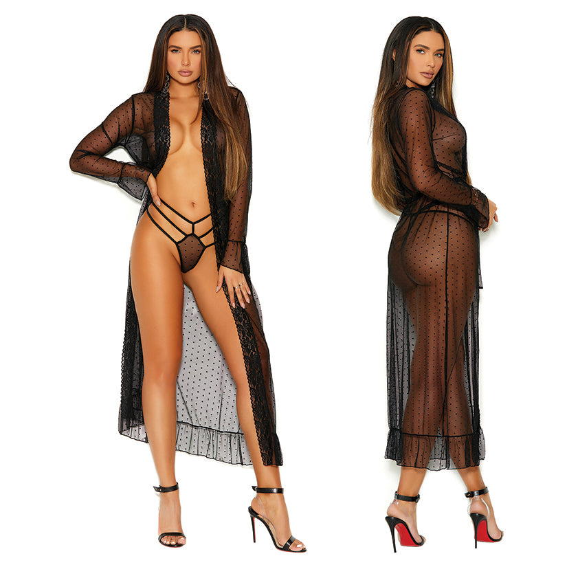 Elegant Moments Long Sleeve Dotted Mesh Robe & Panty-Black Small