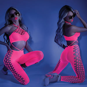 Fantasy Lingerie Glow Own The Night Bodystocking-Neon Pink O/S