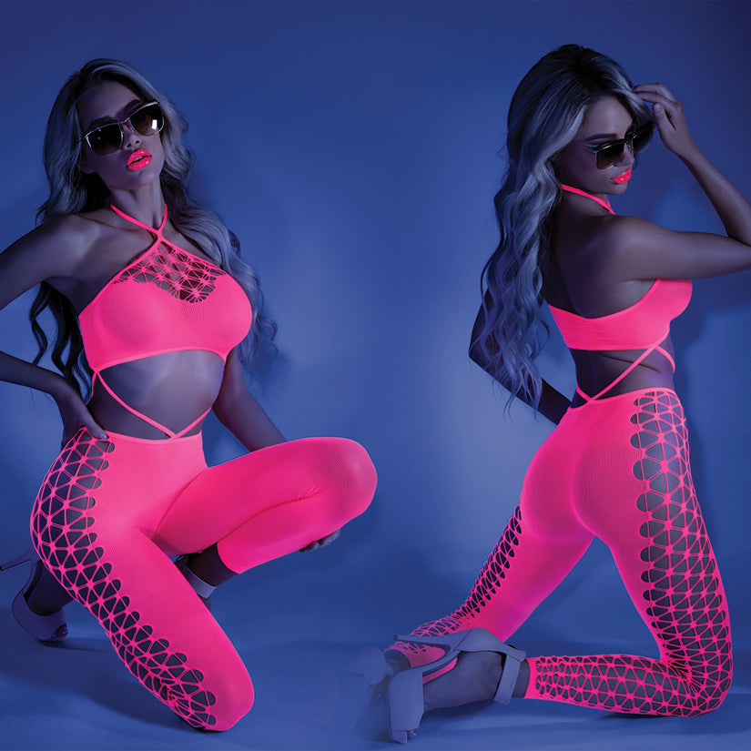 Fantasy Lingerie Glow Own The Night Bodystocking-Neon Pink O/S