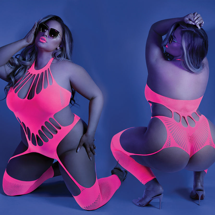 Fantasy Lingerie Glow No Promises Teddy Bodystocking -Neon Pink Queen