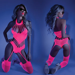 Fantasy Lingerie Glow No Promises Teddy Bodystocking -Neon Pink O/S