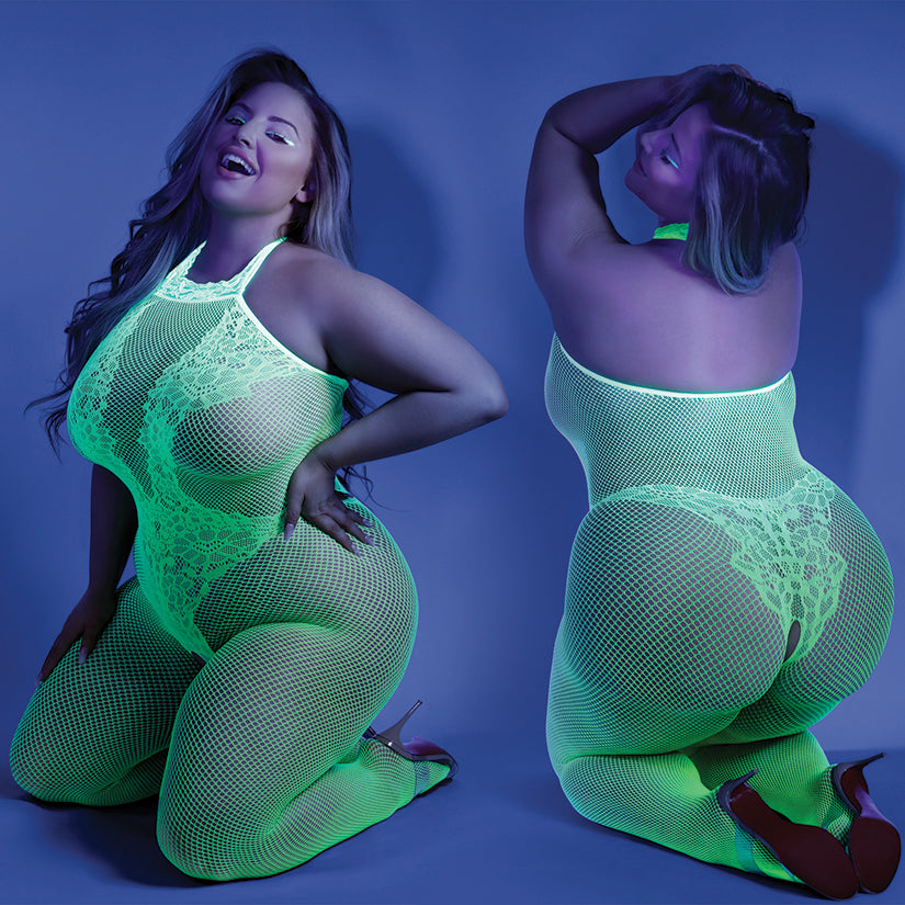 Fantasy Lingerie Glow Moonbeam Crotchless Bodystocking-Neon Green Queen