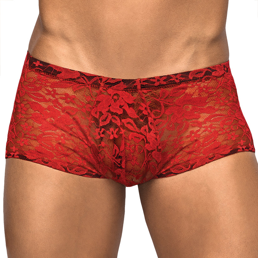 Male Power Stretch Lace Mini Short-Red Large
